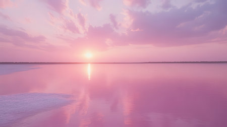 Sunset on the lake with pink water and reflection in the waterの素材