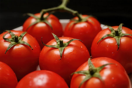 Ripe tomatoes in a bowl on a dark background. Selective focus.の素材