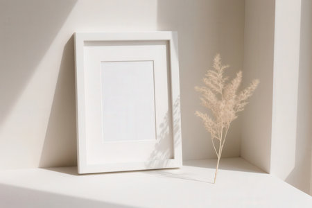 White picture frame mockup with dried pampas grass on white backgroundの素材