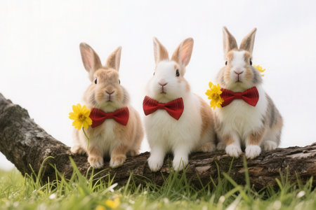 Rabbits with yellow daffodils on a white backgroundの素材