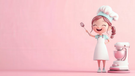 3D Render of Little Chef Girl with kitchenware on pink backgroundの素材