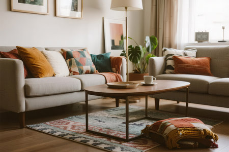 interior of living room with sofa, coffee table and plaidの素材
