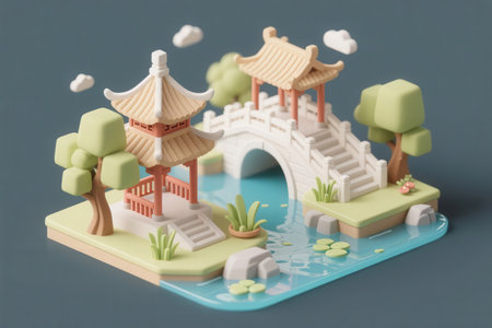 Miniature Chinese garden and bridge on blue background. This is a 3d render illustration.の素材