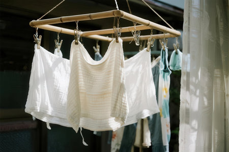 Wash clothes hanging on a clothesline in the morning light.の素材