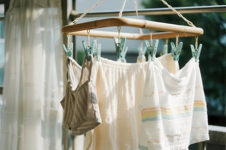 Womens underwear hanging on a clothesline. Clothes drying in the sun.の素材
