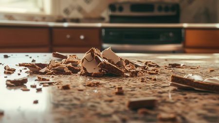Pieces of broken chocolate on a kitchen table. Selective focus.の素材