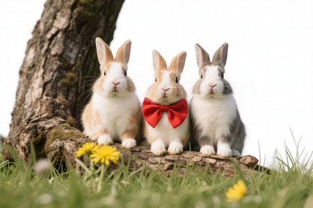 Three cute little rabbits with red bow tie sitting on a tree trunkの素材
