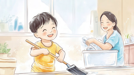 Cute asian boy cleaning the house with a broom, illustrationの素材