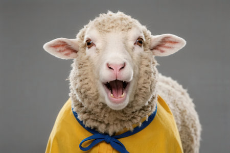 Close up of a sheep wearing a yellow shirt, isolated on gray backgroundの素材
