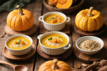 Pumpkin soup with porridge and pumpkin seeds on wooden backgroundの素材