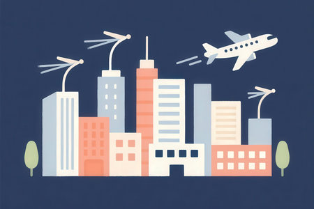 Cityscape and airplane flying in the sky. Vector illustration in flat styleの素材