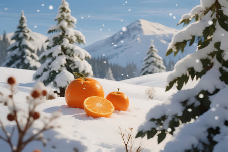 Oranges in the snow on the background of a snowy mountain landscapeの素材