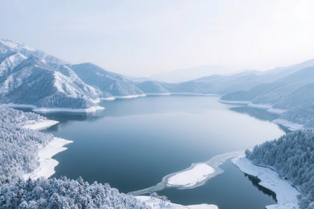 Beautiful winter landscape with snow covered trees and lake in the mountainsの素材