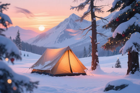 Camping in the mountains at sunset. Beautiful winter landscape with a tent.の素材