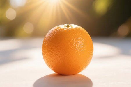 Orange fruit on white background with sunbeams and lens flare.の素材