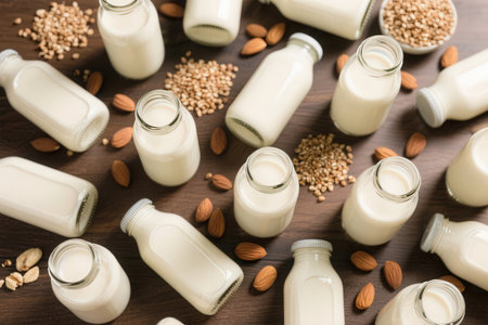 Bottles of milk with almonds on wooden background, top view. Dairy productsの素材