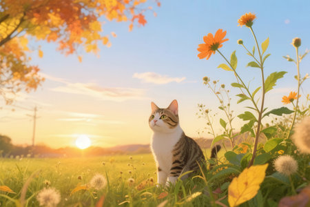 Cat sitting on grass with flowers at sunset. Beautiful nature background.の素材