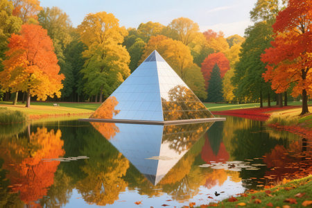 Autumn landscape with trees and reflection in the lake. 3d renderの素材