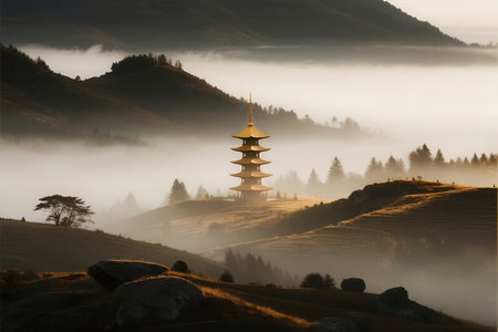 Pagoda in the morning mist at Yunnan, China.の素材