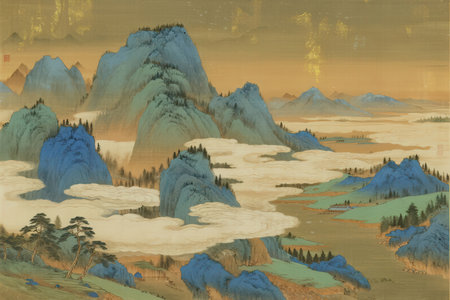 Illustration of a mountain landscape with clouds and trees in the foregroundの素材