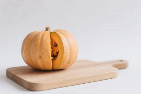 Pumpkin on a cutting board on a white background with copy spaceの素材