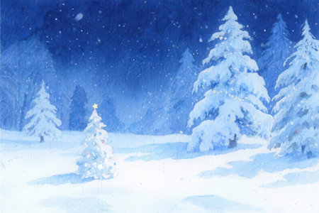 Winter landscape with fir trees and snowflakes. Watercolor illustration.の素材