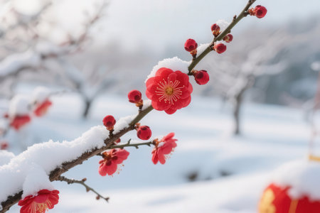 Red plum blossom in winter with snow and red lanterns.の素材