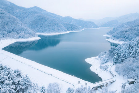 Beautiful winter landscape with snow covered trees and lake in South Koreaの素材