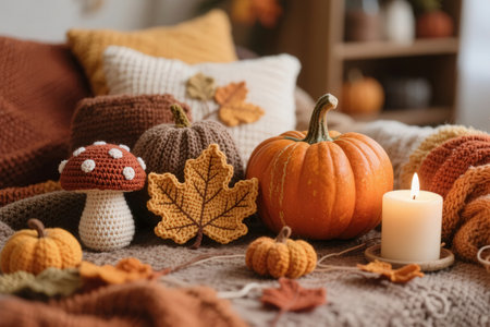 Autumn composition with pumpkins, knitted plaid and candlesの素材