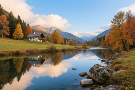 Autumn alpine landscape with lake and house in the mountains.の素材