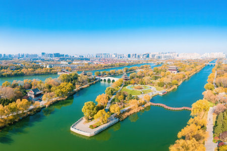 Aerial view of Suzhou Jinji Lake in Suzhou, Chinaの素材