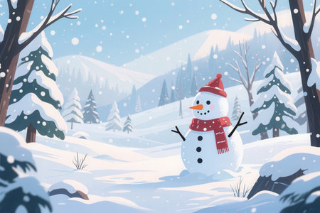 Snowman in the forest. Winter landscape. Vector Illustration.の素材