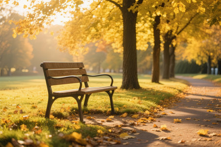 Bench in autumn park with yellow leaves on the ground and sun raysの素材