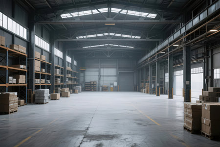 Interior of a warehouse with racks and rows of boxes. 3d renderingの素材