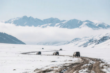Trucks on a snowy road in the mountains. Caucasus, Russiaの素材