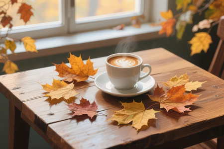 Cup of coffee on wooden table with autumn leaves on background.の素材
