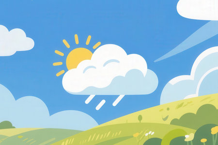 Summer landscape with clouds, sun and blue sky. Vector illustration.の素材