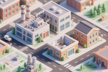 3d illustration of a small town with buildings and chimneys.の素材
