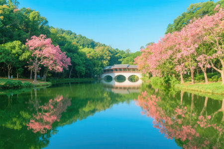 pink sakura blossom in the park with blue sky backgroundの素材
