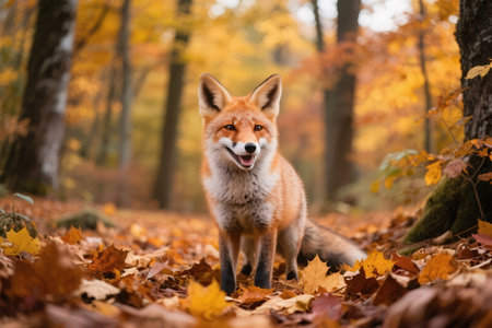 Red fox in autumn forest. Portrait of a red fox in autumn forest.の素材