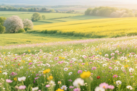 Beautiful spring meadow with colorful flowers. Soft focus, shallow DOF.の素材