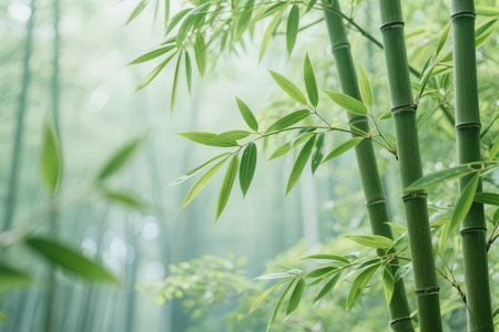 Bamboo forest with green leaves in the morning, natural background.の素材