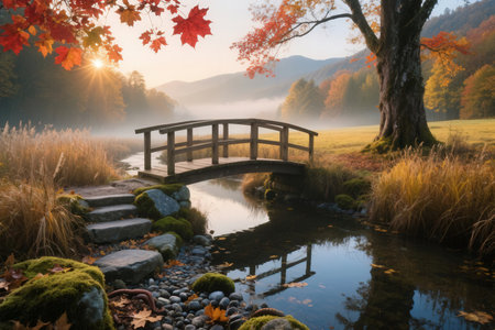 Autumn landscape with wooden bridge over river in the morning mist.の素材