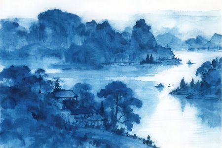 Chinese traditional painting. Landscape with lake, mountains and trees.の素材