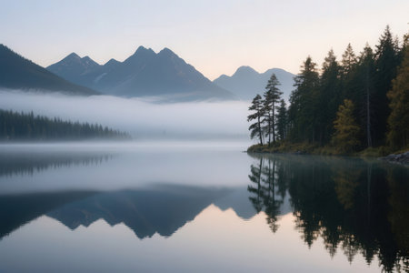 Mountain lake in the morning mist. Canadian Rockies, Alberta, Canadaの素材