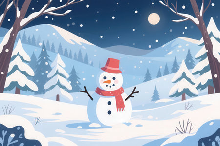Snowman in the winter forest. Vector illustration for your design.の素材