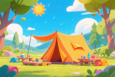 Camping tent in the forest. Cartoon vector illustration for kids.の素材
