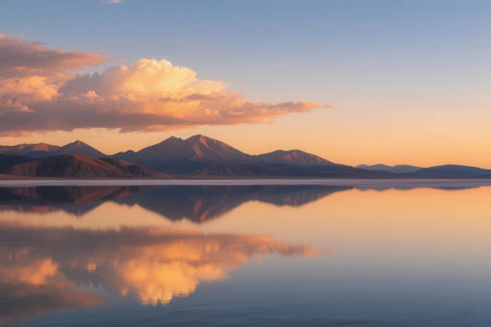 Reflection of the mountains and clouds in the lake at sunset.の素材