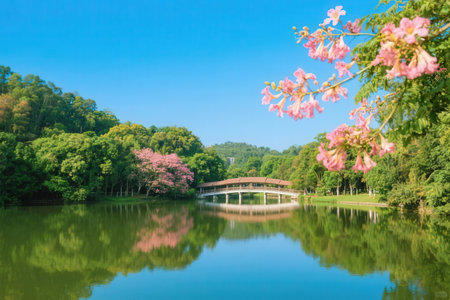 Pink trumpet tree and bridge in the park with blue sky background.の素材
