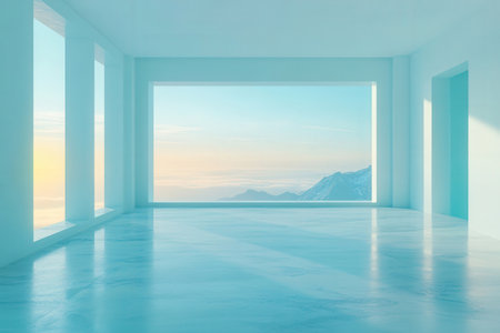 Empty room with mountains view, 3d rendering. Computer digital drawing.の素材
